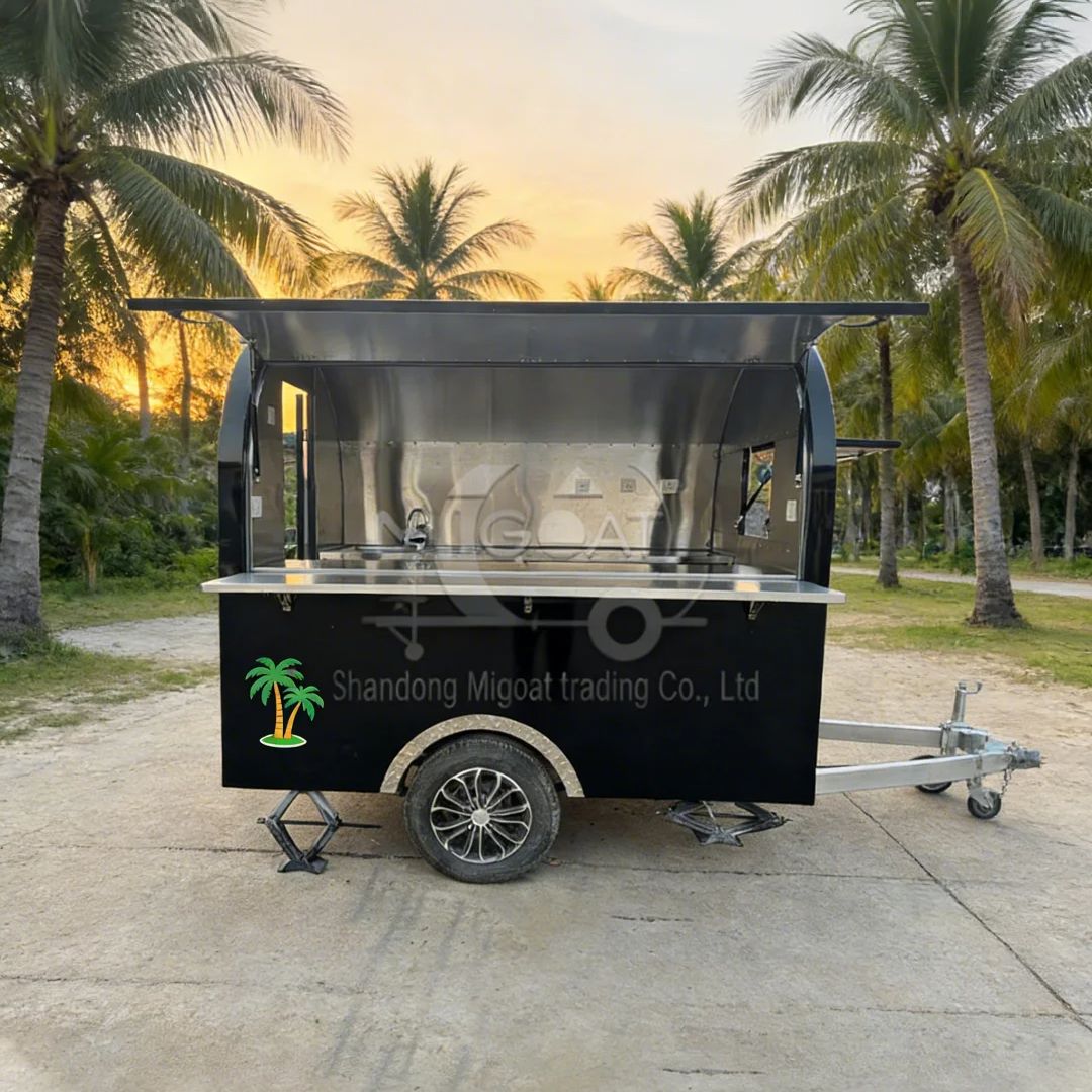 Food Snacks That Are Black - 黒色の丸型移動式フードカート（車輪付き）屋外路上販売スナックドリンクケータリングイベント用丸型フードカート