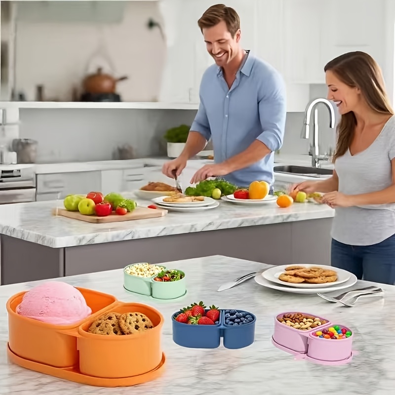 Food And Snacks For Picnic - シリコン製スナック容器/蓋付き再利用可能な二層式食品保存ランチボックス/漏れ防止設計/屋外ピクニックに最適