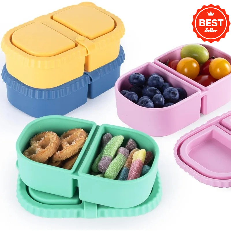 Food And Snacks For Picnic - 再利用可能なシリコン製スナック容器（蓋付き）、ミニコンテナ2仕切り、ピクニック用携帯食品保存ボックス