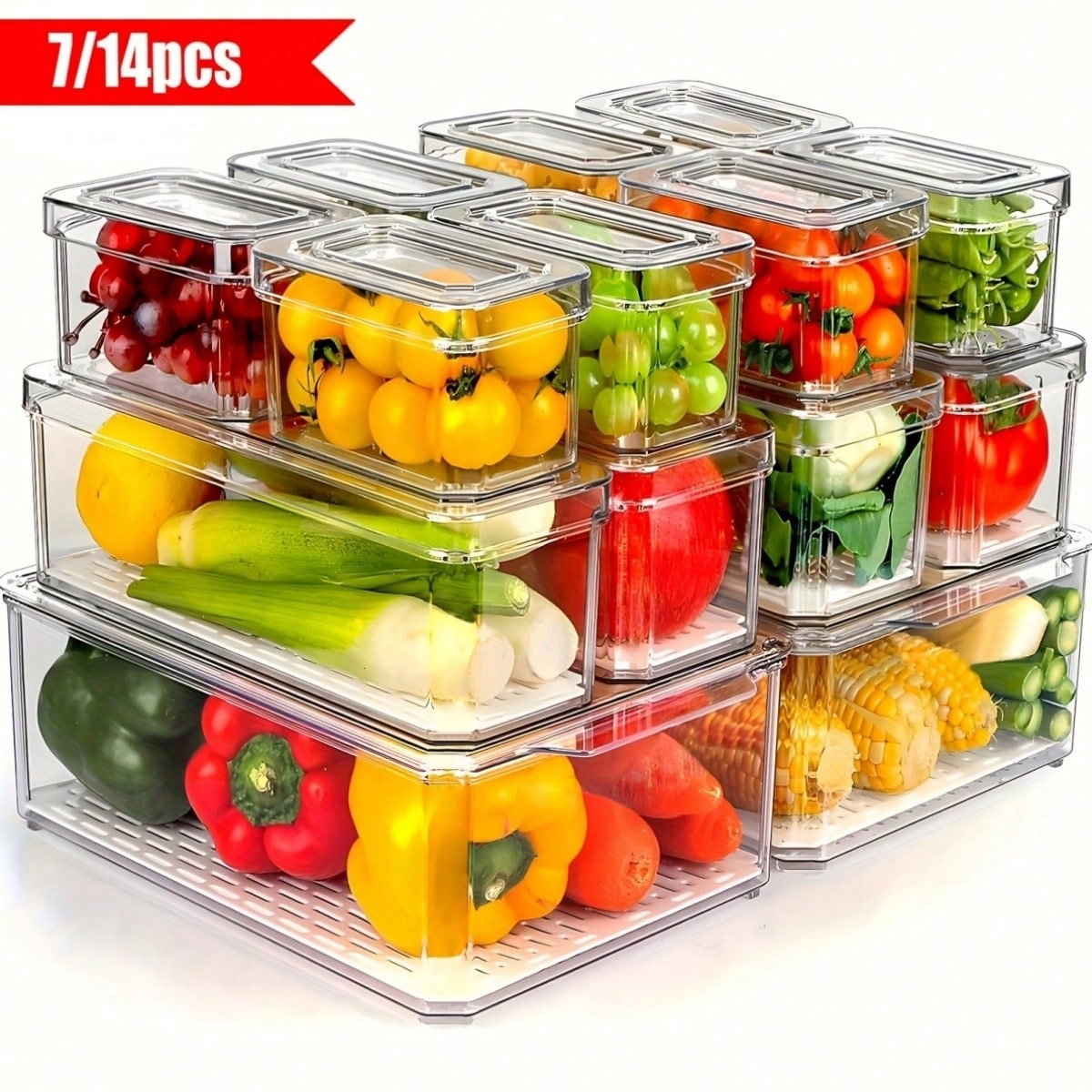 7個/14個セットの積み重ね可能な冷蔵庫用収納ボックス（蓋付 - Food Snacks For Party のレビューと価格