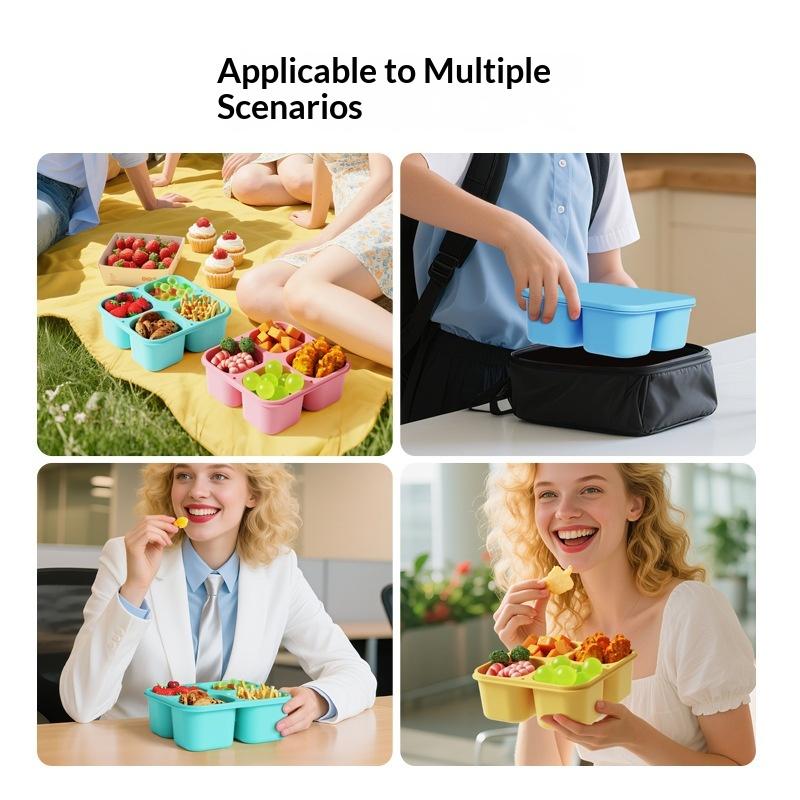 食品グレードシリコン製スナックボックス、4つの仕切り付き、密 - Food Snacks For School のレビューと価格